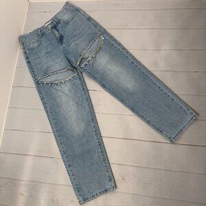 Torn By Ronny Kobo Mariah Jeans Rhinestone Cutout Straight Leg Denim 27/4